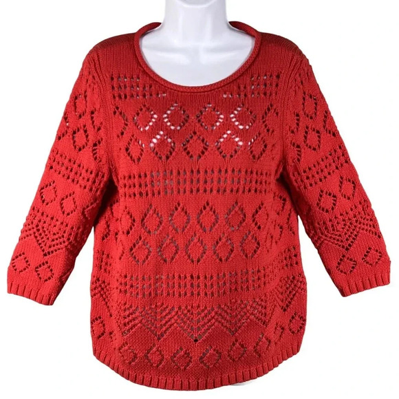 Talbots Womens Lp Red Pointelle Open Knit Sweater 3/4 Sleeve Lattice Diamond Top - Picture 14 of 14